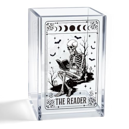 Mhfpl The Reader Acrylic Cosmetic Pencil Pen Holder Cup Funny Bookworm Skeleton Theme Gifts for Bookworm Book Lover Reader Book Club Member College Student Thank You Gifts for Librarian Teacher