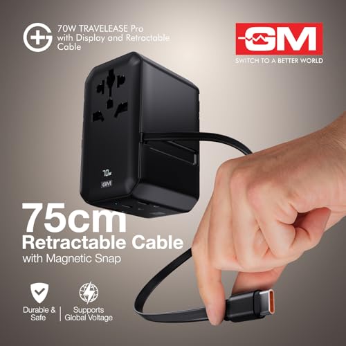 Image of GM G+ 70W TravelEase Pro with Display|Travel Adapter US, UK, EU, AU, 150+ Countries | Multi-Port | Dynamic Wattage Display, MacBook Air-M4, Laptop, iPhone, Samsung, DSLR, 75cm Retractable-C Cable