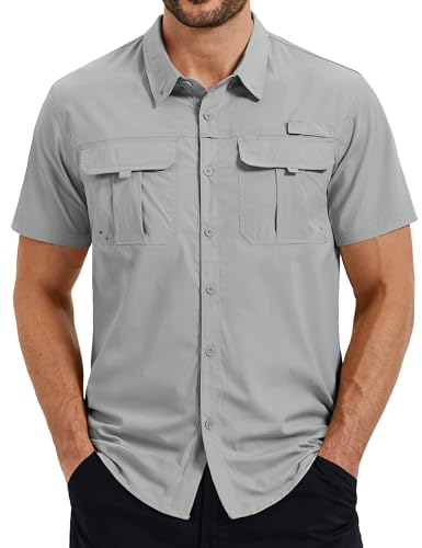 TACVASEN Work Shirts for Men with Pockets Summer Fishing Safari Outdoor Button Down Poncho Shirt Breathable UPF50+ Light Gray XL