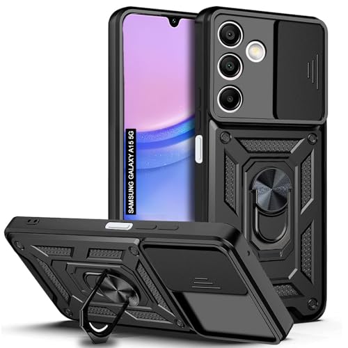 Image of AESTMO Tough Armor Samsung Galaxy A15 5G Bumper Back Case Cover | Ring Holder & Sliding Camera Shield Cover | 360 Degree Protection Back Case Cover for Samsung Galaxy A15 5G (Black)