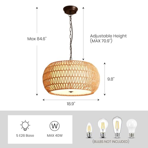 7PMBEANE 18.9" Rattan Farmhouse Chandelier for Dining Room, 5-Lights Hand Woven Wicker Boho Pendant Light with Fabric Shade, Rustic Light Fixture for Kitchen Island, Bedroom, Living Room by 7PMBEANE - Image 6
