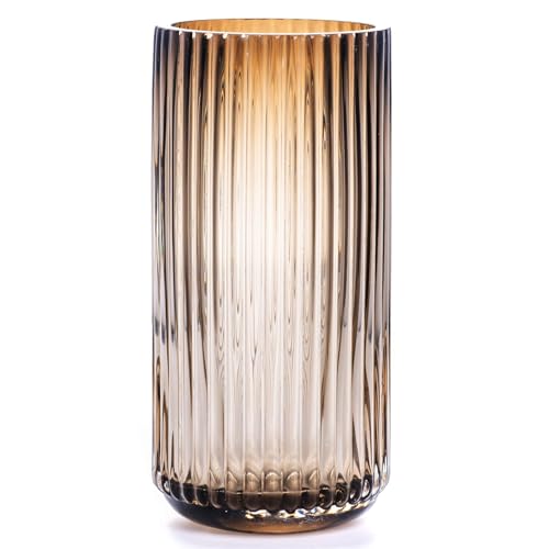 TIMEFOTO Flower Vase 7.5 inch Amber Thickened Hand Blow Glass Vase Round Vintage Striped Bottles for Bookshelf,Dinner Table,Indoor Office Desktop,Meeting Room,Bathroom,Countertop,Home