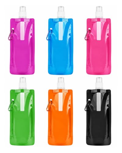 RAMGLYO 6er Set Faltbare Trinkflasche, Wiederverwendbare Trinkbeutel BPA-frei, leicht & platzsparend mit Karabiner für Wandern, Festival, Outdoor-Sport & Reisen