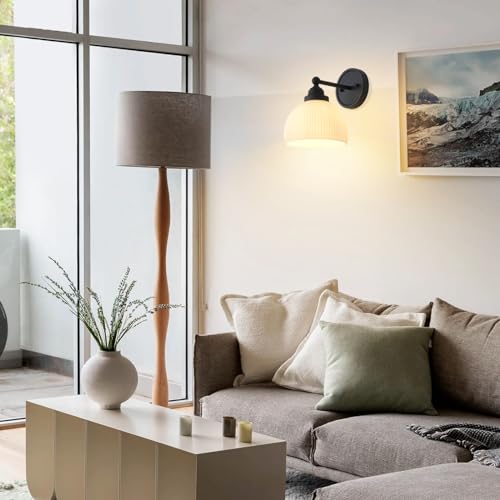 Image of Vintage Wall Sconce 1-Light with White Striped Glass Globe Shade, Indoor Wall Mounted Lamp Fixture for Living Room Bedroom Kitchen Hallway