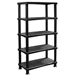 ALEEZ - 5 Tier Plastic Shelving Unit - Heavy Duty Storage Shelves - Storage Rack For Home, Garage, Shed, Warehouse - 25kg/55lbs Per Shelf - No Tools Required - Push Fit Assembly, Black (1, 5 Tier)