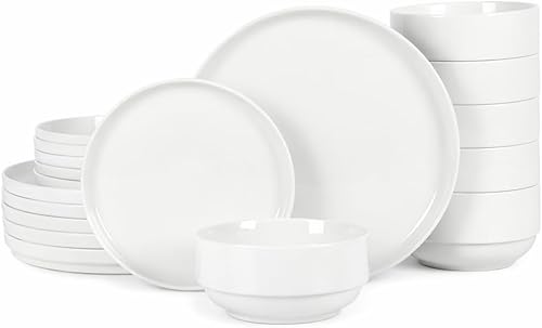 Gibson Home Rothernberg 18-Piece Stackable Porcelain Dinnerware Set, Service for 6 – White Plates and Bowls, Microwave & Dishwasher Safe Blanco