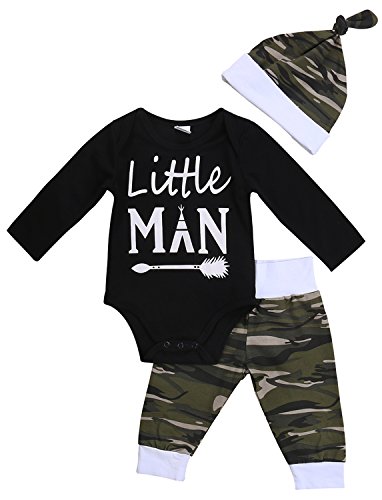 3PCS Newborn Baby Boys Cute Letter Print Romper+Camouflage Pants+Hat Outfits Set