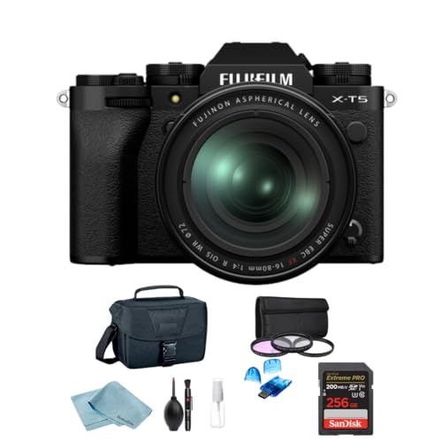 Fujifilm X-T5 Mirrorless Camera w/ XF16-80mm f/4 R OIS WR Lens, 128GB SanDisk Ultra SD Card, Camera Bag, 3-Piece Filter Set, Card Reader & BluebirdSales Cleaning Kit (Black)