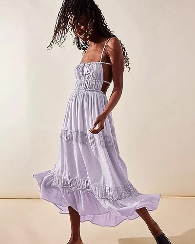 Image of VIUTIL Flowy Maxi Dress for Women Summer Cotton Backless Beach Long Dress with Pockets 2026