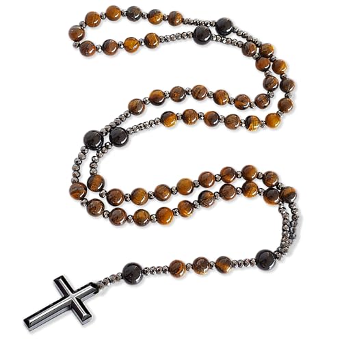 Rosary Necklace for Men,Natural Stone Cross Necklace,Handmade Catholic Rosary Beads with Tiger Eye,Lava Rocks,Obsidian & Hematite for Prayer and Meditation,29 Inches,Ideal Gift