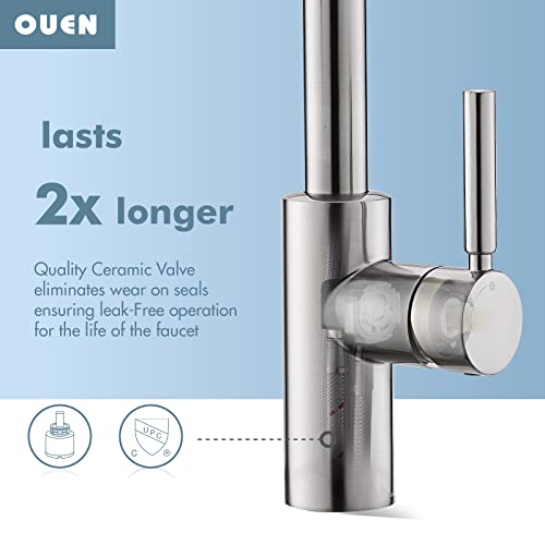 Kitchen Faucet With Pull Down Sprayer Ouen Brushed Nickel Modern Single Handle High Arc Pull Out Kitchen Sink Faucets With Deck Plate For Laundry Rv Farmhouse, Brass Structure, 15.7" Height #TOP5
