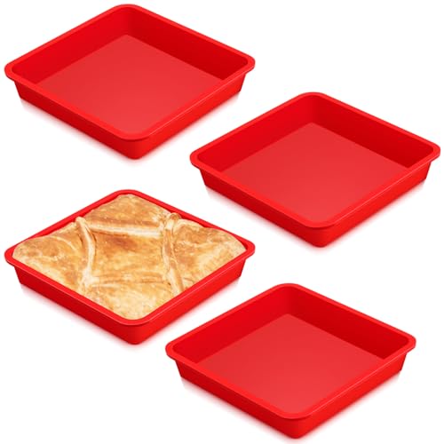 Geetery Set of 4 Silicone Square Cake Pan Silicone Brownie Pan Nonstick Baking Mold for Muffin Bread Rice Crispy Lasagna Pie, Red(8 x 8 x 1.6 Inches)