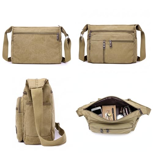 Image of POPCUBE Large Canvas Crossbody Sling Bag for Men & Women | 7 Zipper Pockets, 2 Water Bottle Holders, Adjustable Strap | Travel, Office, College Shoulder Bag | Durable Canvas Material, 32x14x27 cm