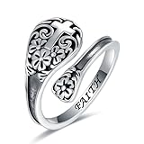 AMBCESSER 925 Sterling Silver Cross Spoon Ring - Oxidized Vintage Flower Faith Rings Adjustable Size Inspirational Jewelry