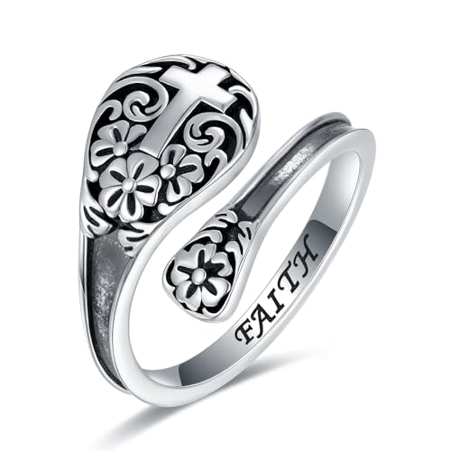 925 Sterling Silver Cross Spoon Ring - Oxidized Vintage Flower Faith Rings Adjustable Size Inspirational Jewelry