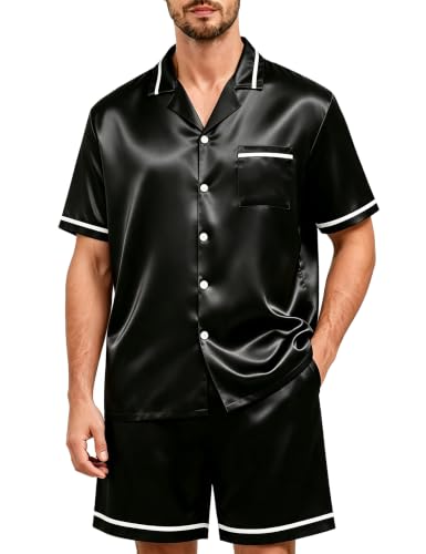 SWOMOG Men Satin Silk Pajamas Set with Pockets – Classic Short Sleeve Button-Down Loungewear, Black X-Large