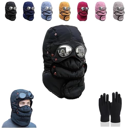 Winter Thermal Hat with Glasses, Windproof Ski Mask Cap, Fashion Warm Trapper Pilot Hat for Cold Weather Cyclingwith Goggles(Black)