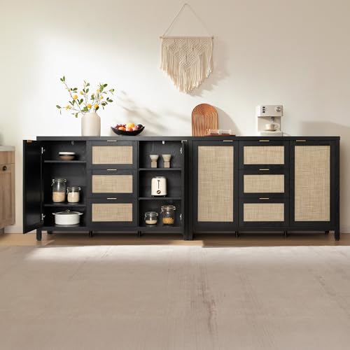Image of SICOTAS Sideboard Buffet Cabinet with 3 Drawers, Rattan Storage Cabinet | 52 Inch Larger Farmhouse Boho Credenza Coffee Bar Cabinet with Storage, Console Table for Living Room, Kitchen, 2 Pieces