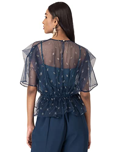 Image of Indya Women's Teal Organza Sequin Peplum Top with Attached Cami