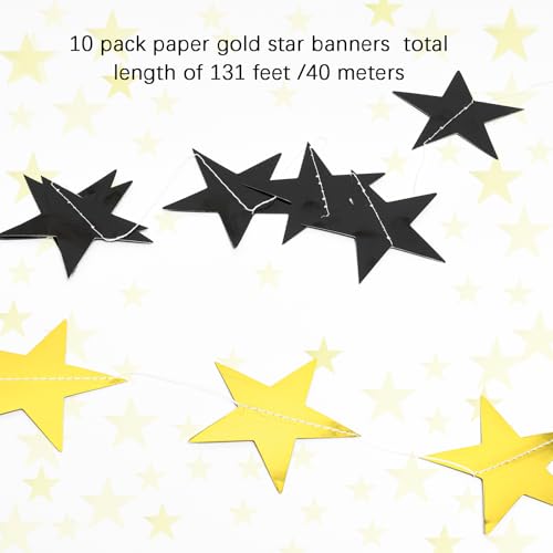 Image of Glitter Star Garland Banner Decor 130 Feet Gold Black Star Garland Hanging Bunting Banner Backdrop for Graduation Wedding Birthday Holiday Party