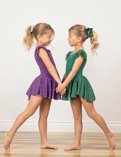 Image of Arshiner Girls Shiny Ruffle Sleeve Ballet Leotard with Skirt Criss-Cross Back Dance Dresses