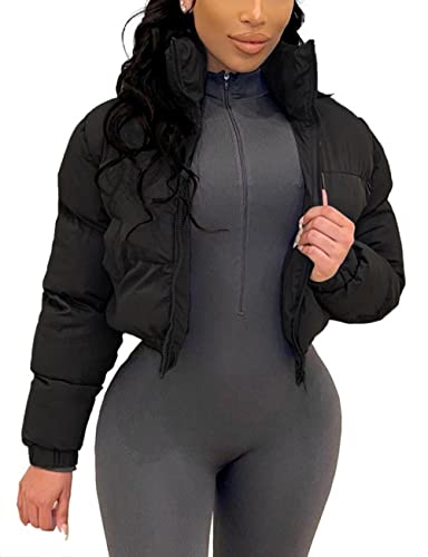 Angsuttc Womens Quilted Jacket Solid Zip-Up Cropped Puffer Jackets Bubble Coat Black S