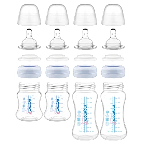 Image of Maymom Wide-Mouth Milk Storage Collection Feeding Bottle with Nipple, Dome Cap, Bottle Top, SureSeal Disk; Compatible with Spectra/Luna Pumps; 4.7oz/140mL, 2pc & 9oz/280mL, 2pc