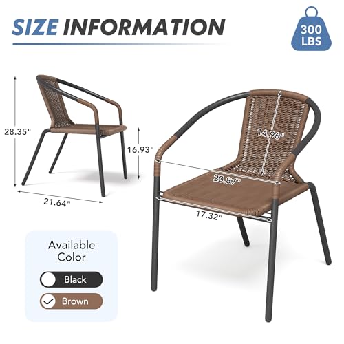 Image of UDPATIO Rattan Patio Dining Chairs Set of 4, Wicker Stackable Outdoor Chairs with All Weather Curved Back & Metal Frame, for Indoor Restaurant Porch Deck, Brown