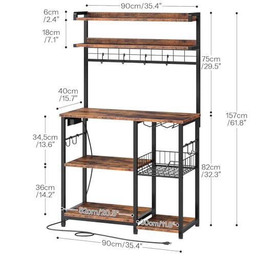 HOOBRO Bakers Rack with Power Outlet, Microwave Stand with 6 S-Shaped Hooks, 5 Tiers Coffee Bar with LED Light, Kitchen Storage Shelf with Wire Basket & Wine Holders, Rustic Brown and Black BF21UDHB01 - Standing Baker's Racks - view 2