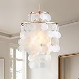 Mini Chandelier Capiz Shell Chandelier Dinning Room Chandeliers Ceiling Light Brushed Brass Finish Flush Mount Mordern Pendant Light for Kitchen,Living Room,Bathroom,Bedroom, ETL Listed 11 inch (Gold)