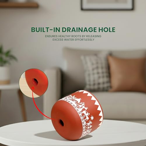 Image of Urban Plant Tribal Utsav Virasat Terracotta Pot with Drainage Hole (4.7 Inch) | Hand-Painted Ethnic Warli Design Planter | Ideal for Home Decor, Tabletop & Gifting