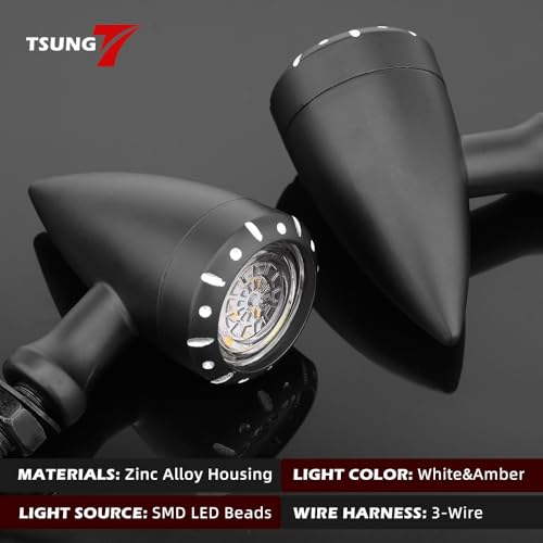 Image of TSUNG 2PCS Motorcycle Bullet LED Front Turn Signal White Amber Light SMD Blinker Indicator for Cruiser Chopper Bobber Cafe Racer Street Bike (SMD LED-3wire Black)