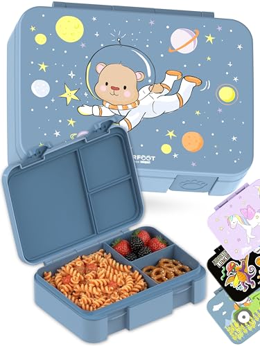 Image of BEARFOOT Kids Lunch Box with Compartments - Compact & Lightweight | Leak-Proof, BPA-Free, Dishwasher Safe | Hand-Drawn Design for Preschool, School, Travel (Astro Bear Blue, 4 Cups) | BPA Free Leakproof Lunch Box with Compartments School & Nursery for Girls & Boys Lightweight & Compact