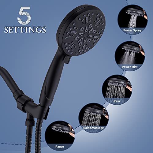 Faustina Handheld Shower Head High Pressure 5 Settings Detachable Showerhead With Massage And Pause Mode, Bathroom Shower Head Set With Adjustable Brass Ball Joint Bracket, Black #TOP1