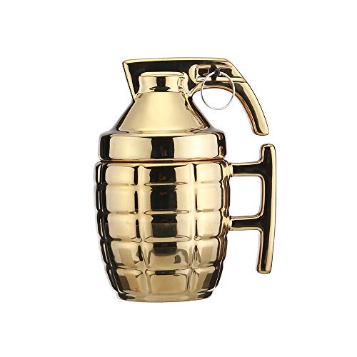 Product Image of the W.Y.T Novelty Ceramic Grenade Coffee Mug with lid 2 Colors Black and Gold Funny Grenade Milk Tea Coffee Cup Dad Christmas Gifts Christmas Gifts For Dad Man Military Gag Gifts For Dad (Gold)