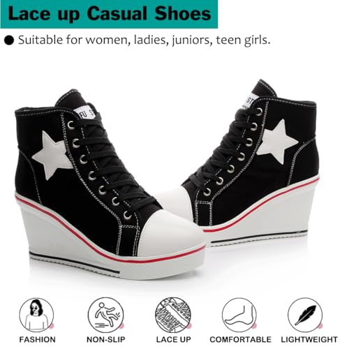 Mei MACLEOD High Heel Wedge Sneakers for Women Casual Lace Up Canvas Shoes for Ladies Platform Wedge Shoes AnkleBooties4