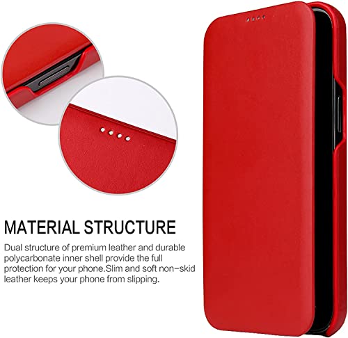 Étui en cuir véritable pour iPhone 14 Pro avec rabat aimanté élégant rouge chic