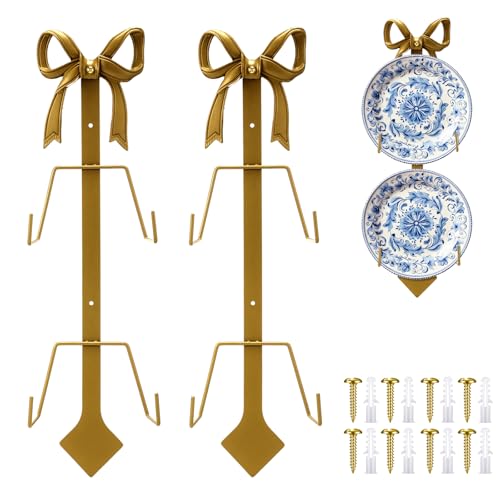 Zonon 2 Pack Gold Bow Plate Holder for Wall Bow Knot Iron Easel Display Rack Wall Mount Metal Plate Hanger Stand for Hanging Photo Frame Art Plaque for Cabinet Kitchen Counter Bar Cafe (18.5 x 7 Inch) by Zonon - Used condition - US$36.78