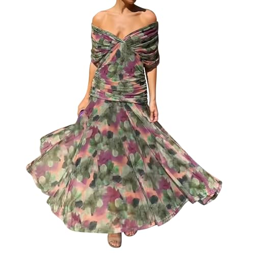 Womens Maxi Dresses Off The Shoulder Short Sleeve V Neck Wedding Guest Cocktail Party Semi Formal Long Dress Summer Vacation Floral Flowy Swing
