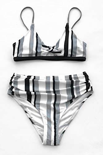 CUPSHE-Damen-Bikini-Set-U-Ausschnitt-Knoten-Bikini-Bademode-Streifenmuster-High-Waist-Raffung-Zweiteiliger-Badeanzug-Swimsuit