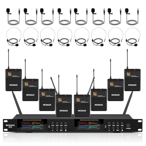 MICNAUX Lapel Wireless Microphone System with Headset & Lavalier Mics, Pro 8 Channel UHF Mics Set with Bodypack Transmitter & Metal Receiver, 200 Adjustable Frequency, 300ft Range for Church, Party