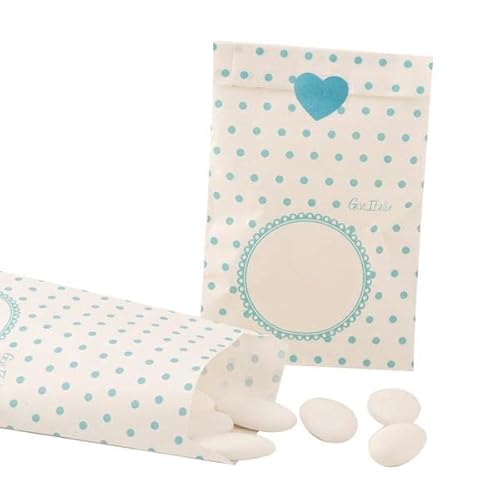 Sacchetti In Carta Pois Azzurro C/Adesivo Cuore 8X14Cm 10Pz