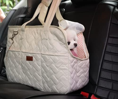 H.s.c Pet Cats Carrier Soft-Sided Pet Quilted Purse Leisure Pups Traveling Go To Vet,Hide Pet Function Handbag With Pocket,11 Lbs Puppy/14 Lbs Cat Or Kittens (Small, Cream-Coloured) #TOP5