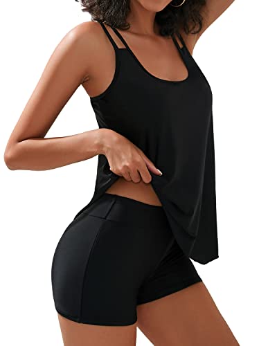Yonique Womens Two Piece Swimsuits Tankini Top With Boy Shorts Tummy Control Bathing Suits Athletic Swimwear Black Xxl #TOP1