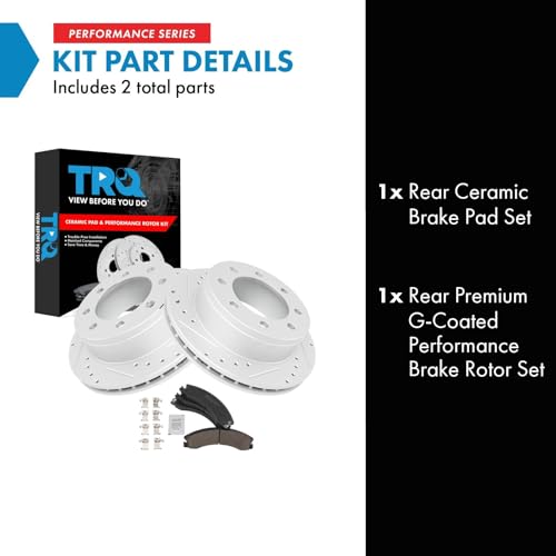Image of TRQ Performance Rear Brake Pad and Rotor Set Ceramic Drilled Slotted G Coated Rotors Compatible with 2009 GMC Savana 3500