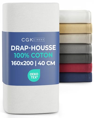 Drap-Housse Jersey Coton 160x200 cm Blanc - Grand Bonnet Profond 40 cm / 16” - Doux, Infroissable & Très Résistant aux Décolorations - Respirant,...
