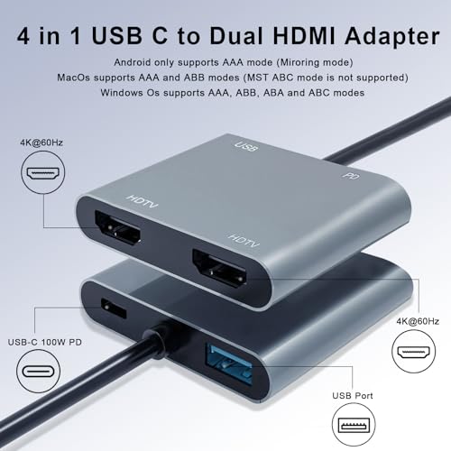 Image of USB C to Dual HDMI Adapter, 4K@60Hz HDMI Splitter for Dual Monitors with USB 3.0, 100W PD Charging, HDMI Splitter Extended Display for MacBook Air /Pro, Dell XPS, HP, Surface, Chromebook