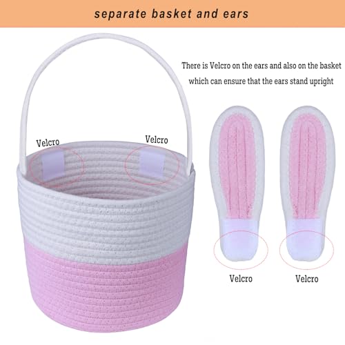 Image of Easter Basket, Empty Easter Baskets for Kids Boys Girls with Bunny Tag Egg Basket Eater Gifts Basket Toddler Teens Babys First Easter Basket with Handle Pink White