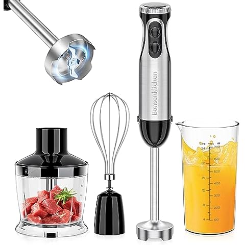 Bonsenkitchen Immersion Blender, 20 Variable Speeds & Turbo, 4-In-1 Stainless Steel Handheld Blender Stick Mixer with Egg Whisk, Beaker & Chopper Bowl Cover