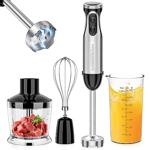 Comparison: Hand Mixer Blender 10 Bonsenkitchen 4-in-1 Immersion Blender Handheld, 20 Speeds Hand Blender with Turbo Mode, Stainless Steel Blade, Egg Whisk, Beaker & Chopper Bowl, Stick Mixer for Soup, Smoothie, Puree, Baby Food